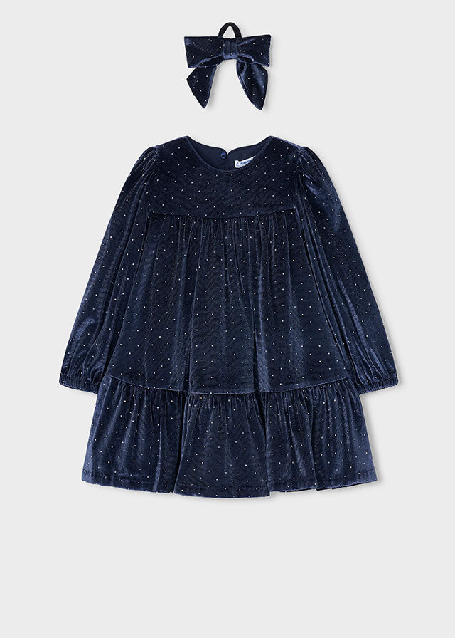 Mayoral girls navy velvet dress with hair tie 4930