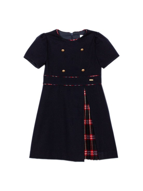 Patachou Girls navy dress with tartan detail