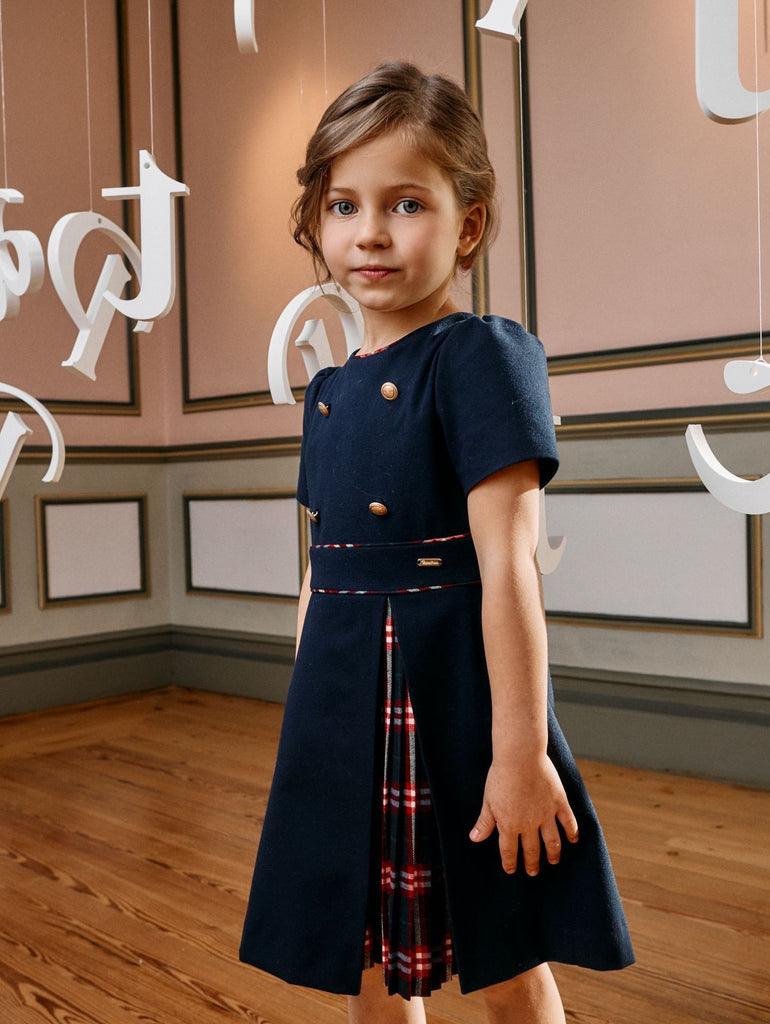 Patachou Girls navy dress with tartan detail