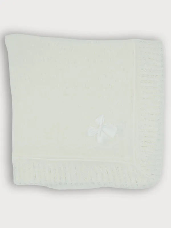 Sardon White Knitted Baby Shawl Blanket With Frill Edge And Bow