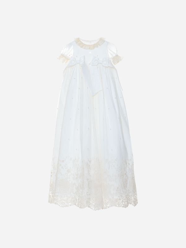 Shining Fairydust - Ivory Catholic silk veil dress with pearls, polka dots  tulle and Chantilly lace