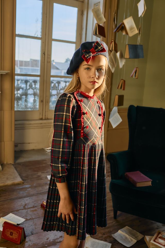 Patachou Girls navy and red sleeve tartan dress 4133463