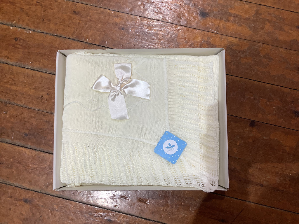 Sardon ivory Knitted Baby Shawl Blanket With Frill Edge And Bow