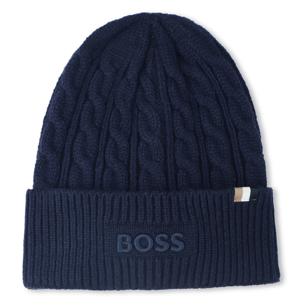 BOSS boys logo pull on Navy Hat J52624
