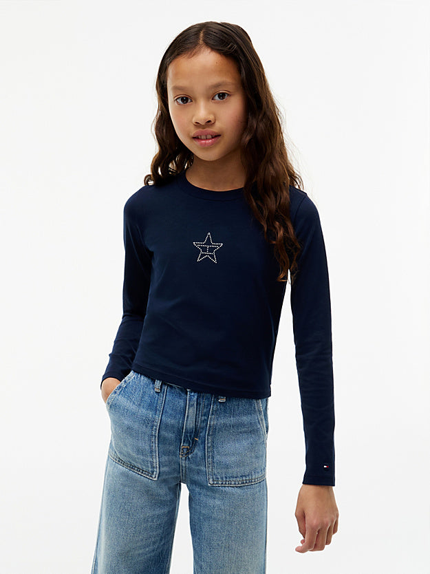 Tommy Hilfiger Navy Diamanté Star Flag Extra Slim Long Sleeve T-Shirt 09635