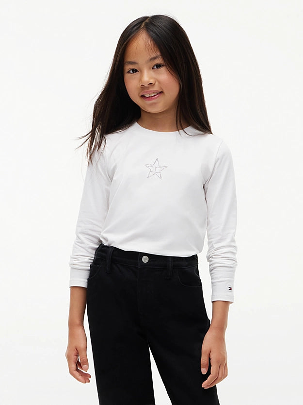 Tommy Hilfiger White  Diamanté Star Flag Extra Slim Long Sleeve T-Shirt 09635